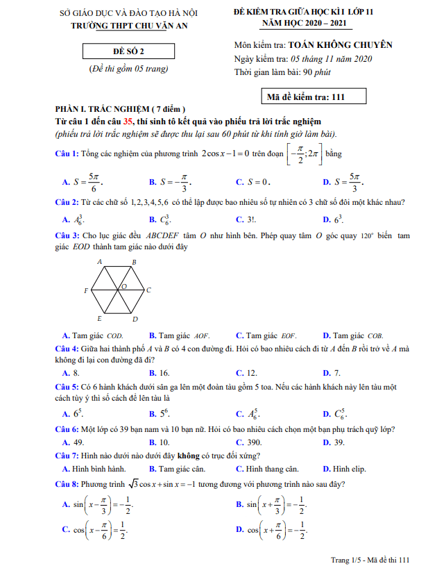 Đề thi giữa học kì 1 Toán 11 năm 2020 – 2021 trường THPT Chu Văn An – Hà Nội