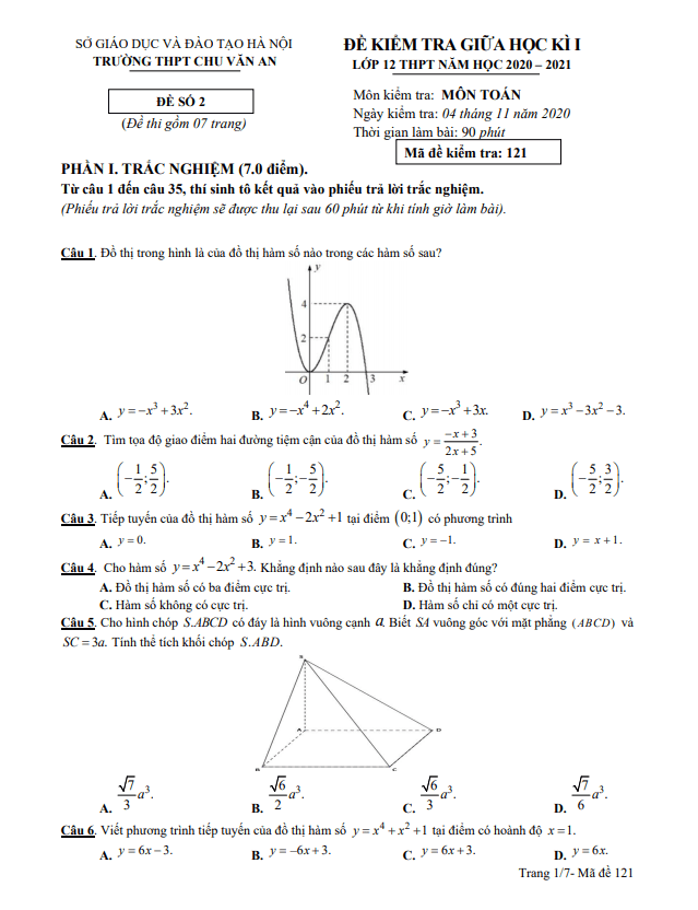 Đề thi giữa học kì 1 Toán 12 năm 2020 – 2021 trường THPT Chu Văn An – Hà Nội