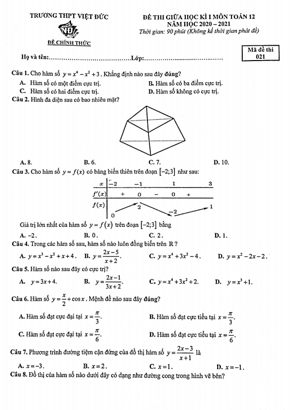 Đề thi giữa học kì 1 Toán 12 năm 2020 – 2021 trường THPT Việt Đức – Hà Nội