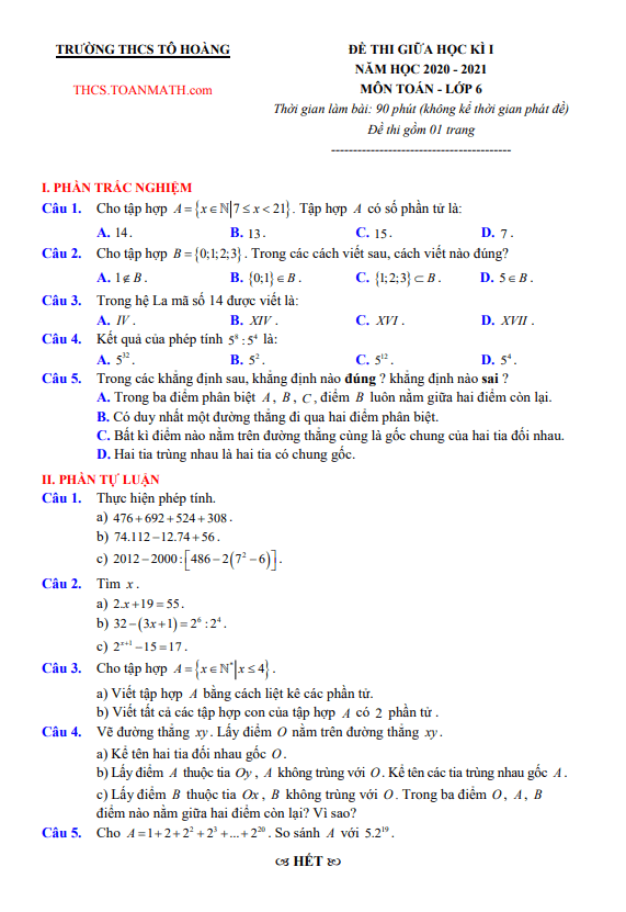 Đề thi giữa học kì 1 Toán 6 năm 2020 – 2021 trường THCS Tô Hoàng – Hà Nội