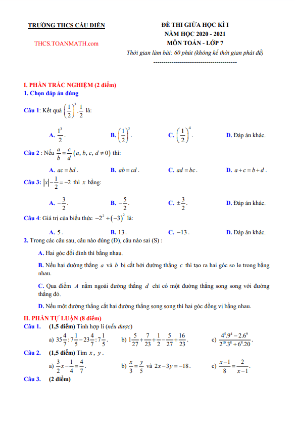 Đề thi giữa học kì 1 Toán 7 năm 2020 – 2021 trường THCS Cầu Diễn – Hà Nội