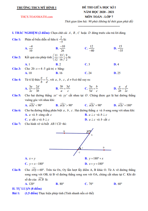 Đề thi giữa học kì 1 Toán 7 năm 2020 – 2021 trường THCS Mỹ Đình 1 – Hà Nội