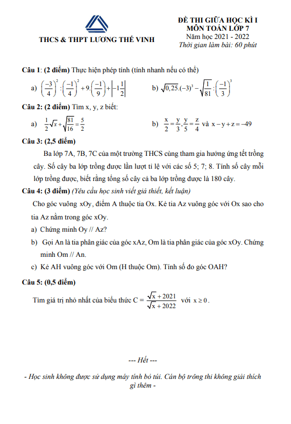 Đề thi giữa học kì 1 Toán 7 năm 2021 – 2022 trường Lương Thế Vinh – Hà Nội