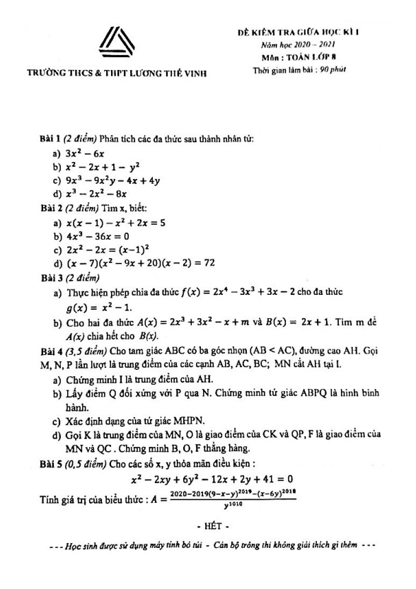 Đề thi giữa học kì 1 Toán 8 năm 2020 – 2021 trường Lương Thế Vinh – Hà Nội