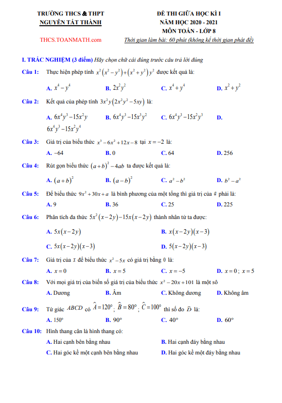 Đề thi giữa học kì 1 Toán 8 năm 2020 – 2021 trường Nguyễn Tất Thành – Hà Nội