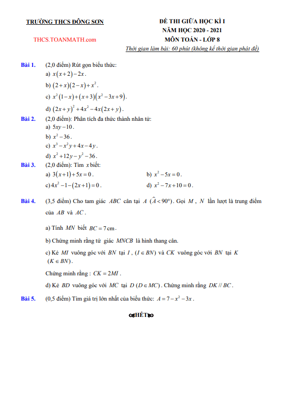 Đề thi giữa học kì 1 Toán 8 năm 2020 – 2021 trường THCS Đông Sơn – Hà Nội