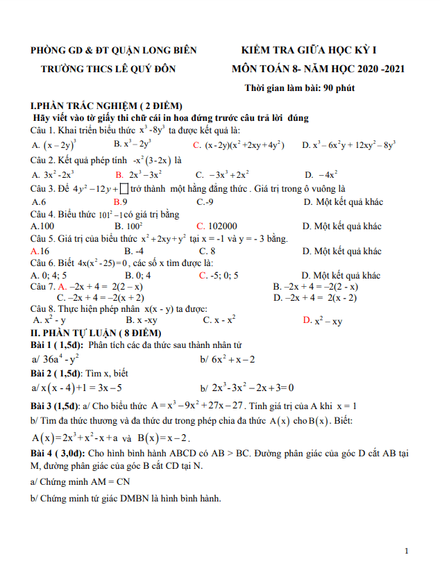 Đề thi giữa học kì 1 Toán 8 năm 2020 – 2021 trường THCS Lê Quý Đôn – Hà Nội