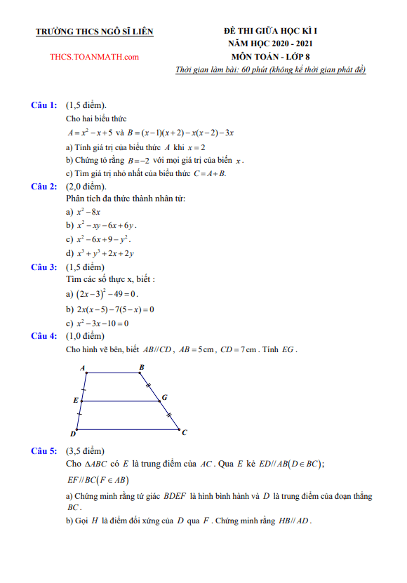 Đề thi giữa học kì 1 Toán 8 năm 2020 – 2021 trường THCS Ngô Sĩ Liên – Hà Nội