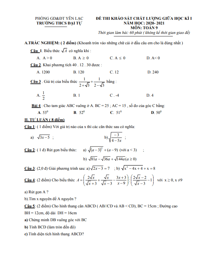 Đề thi giữa học kì 1 Toán 9 năm 2020 – 2021 trường THCS Đại Tự – Vĩnh Phúc