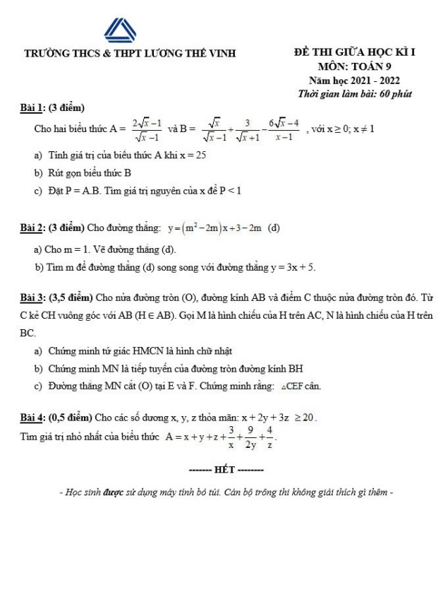 Đề thi giữa học kì 1 Toán 9 năm 2021 – 2022 trường Lương Thế Vinh – Hà Nội