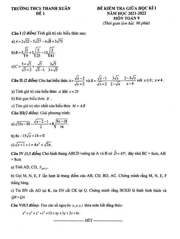 Đề thi giữa học kì 1 Toán 9 năm 2021 – 2022 trường THCS Thanh Xuân – Hà Nội