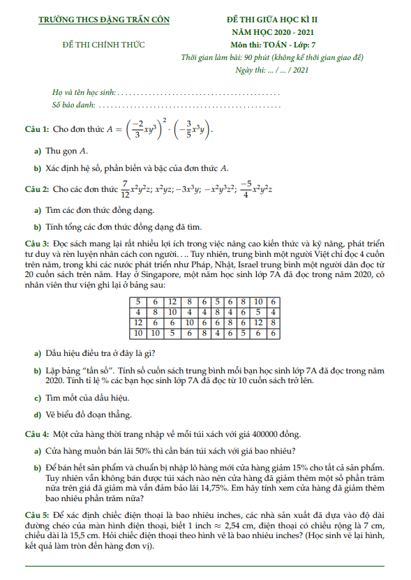 Đề thi giữa học kì 2 Toán 7 năm 2020 – 2021 trường THCS Đặng Trần Côn – TP HCM