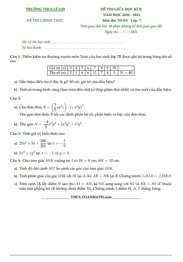 Đề thi giữa học kì 2 Toán 7 năm 2020 – 2021 trường THCS Lê Lợi – TP HCM