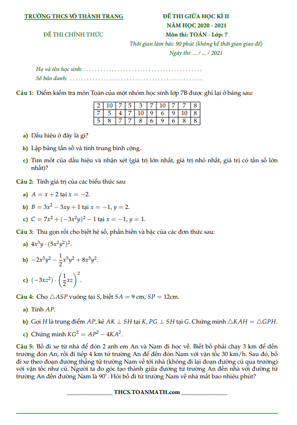 Đề thi giữa học kì 2 Toán 7 năm 2020 – 2021 trường THCS Võ Thành Trang – TP HCM