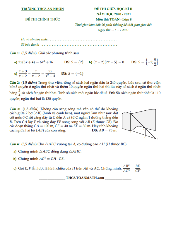 Đề thi giữa học kì 2 Toán 8 năm 2020 – 2021 trường THCS An Nhơn – TP HCM