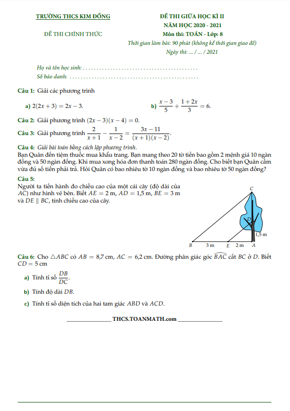 Đề thi giữa học kì 2 Toán 8 năm 2020 – 2021 trường THCS Kim Đồng – TP HCM