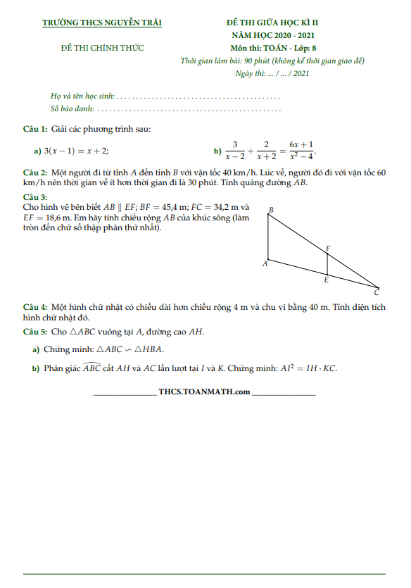 Đề thi giữa học kì 2 Toán 8 năm 2020 – 2021 trường THCS Nguyễn Trãi – TP HCM