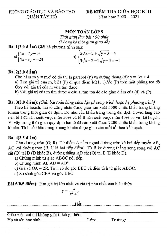 Đề thi giữa học kì 2 Toán 9 năm 2020 – 2021 phòng GD&ĐT Tây Hồ – Hà Nội