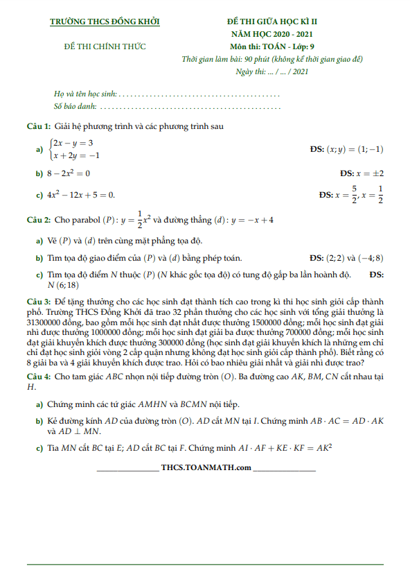 Đề thi giữa học kì 2 Toán 9 năm 2020 – 2021 trường THCS Đồng Khởi – TP HCM