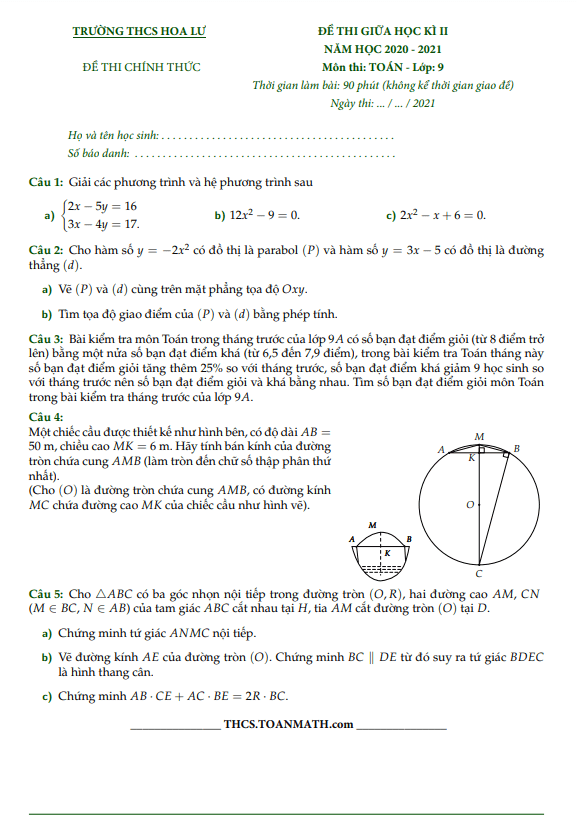 Đề thi giữa học kì 2 Toán 9 năm 2020 – 2021 trường THCS Hoa Lư – TP HCM