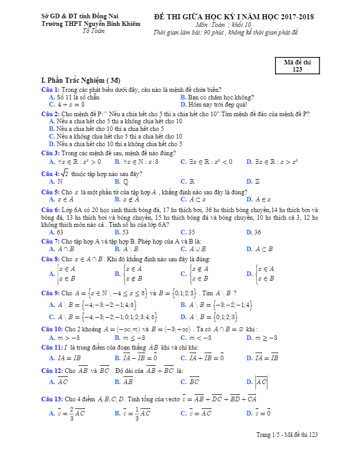 Đề thi giữa học kỳ 1 năm học 2017 – 2018 môn Toán 10 trường THPT Nguyễn Bỉnh Khiêm – Đồng Nai
