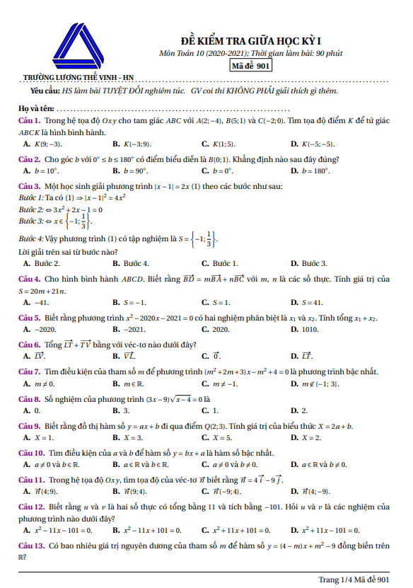 Đề thi giữa học kỳ 1 Toán 10 năm 2020 – 2021 trường Lương Thế Vinh – Hà Nội
