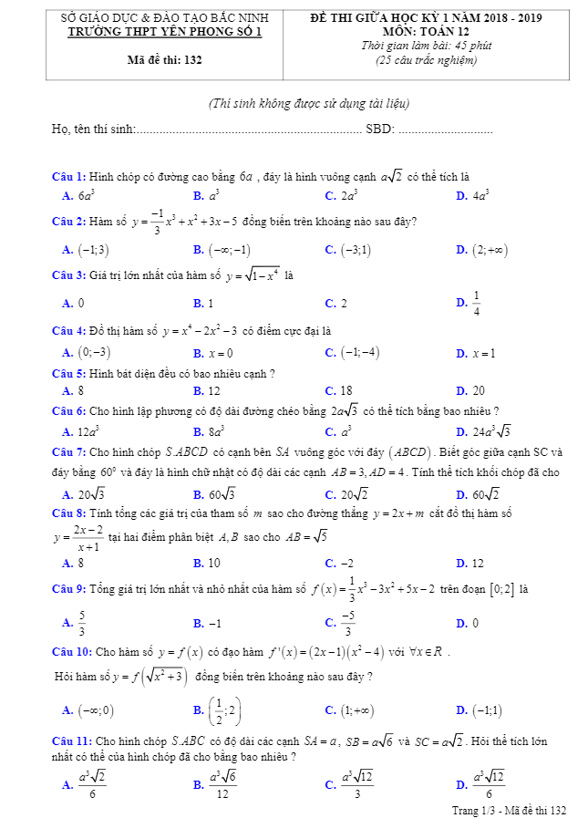 Đề thi giữa học kỳ 1 Toán 12 năm 2018 – 2019 trường Yên Phong 1 – Bắc Ninh