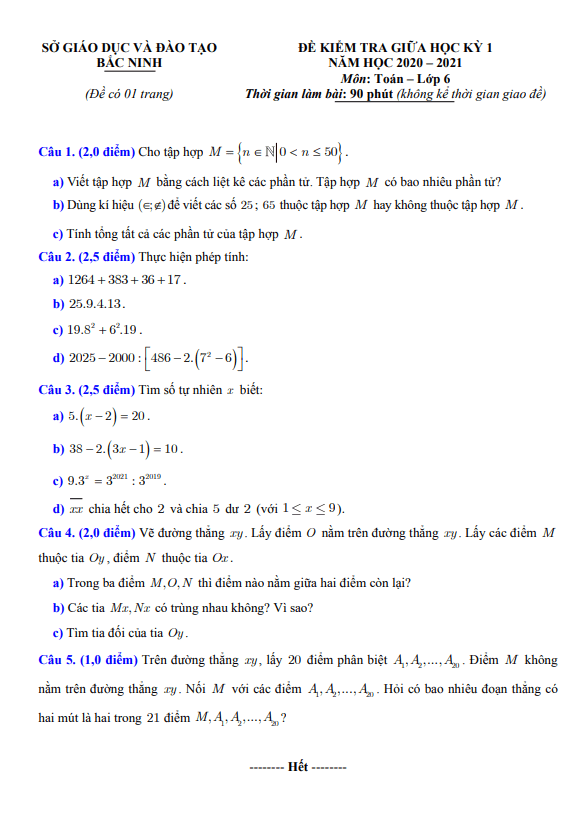 Đề thi giữa học kỳ 1 Toán 6 năm 2020 – 2021 sở GD&ĐT Bắc Ninh
