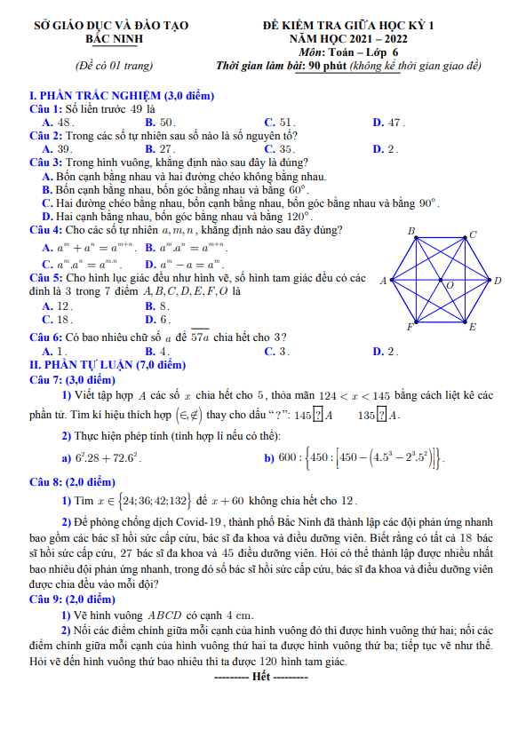 Đề thi giữa học kỳ 1 Toán 6 năm 2021 – 2022 sở GD&ĐT Bắc Ninh