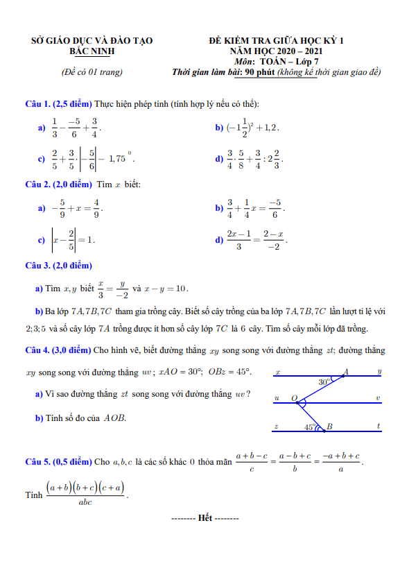 Đề thi giữa học kỳ 1 Toán 7 năm 2020 – 2021 sở GD&ĐT Bắc Ninh