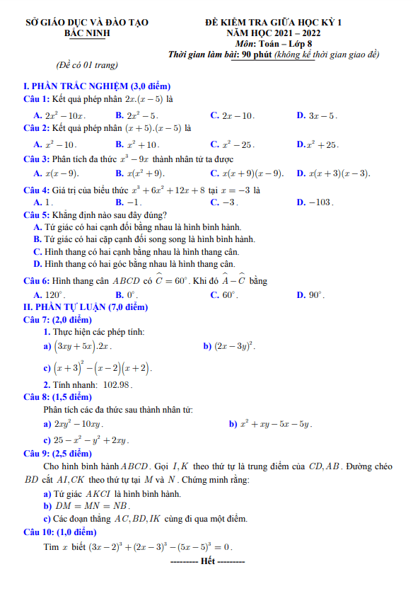 Đề thi giữa học kỳ 1 Toán 8 năm 2021 – 2022 sở GD&ĐT Bắc Ninh