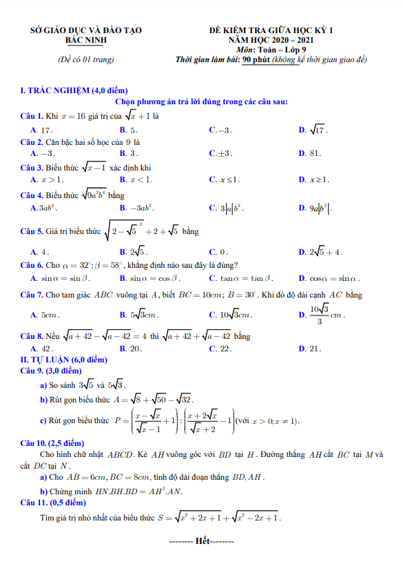 Đề thi giữa học kỳ 1 Toán 9 năm 2020 – 2021 sở GD&ĐT Bắc Ninh