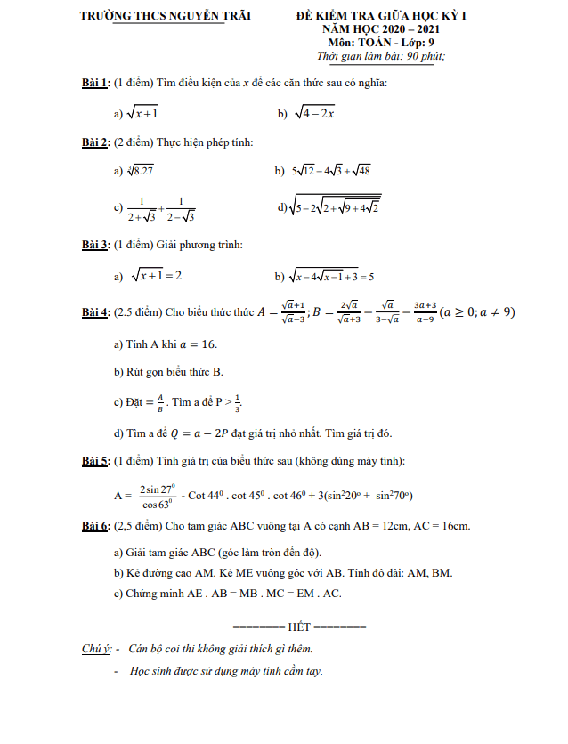 Đề thi giữa học kỳ 1 Toán 9 năm 2020 – 2021 trường THCS Nguyễn Trãi – Đắk Nông