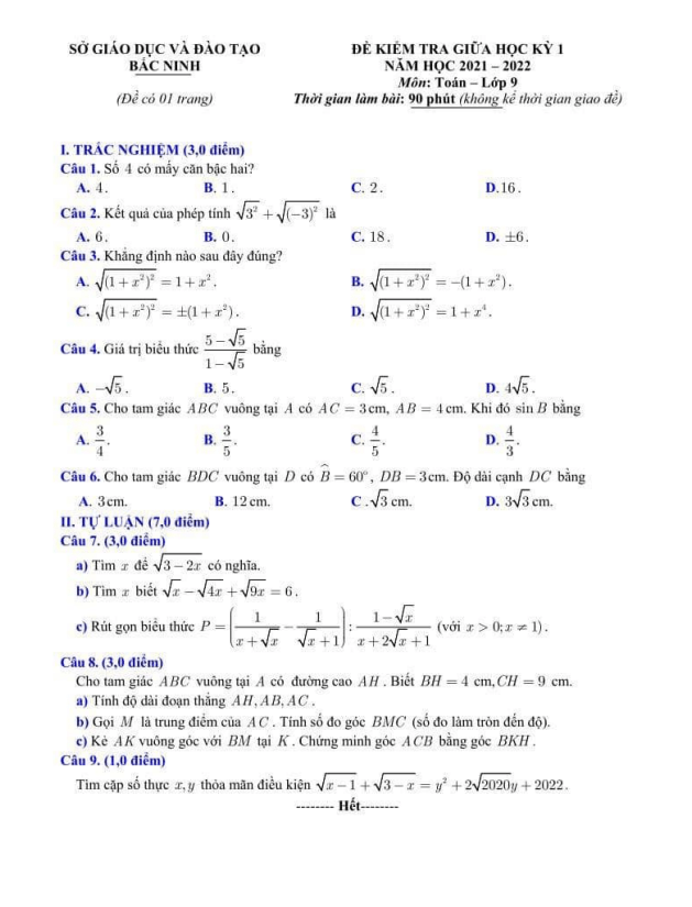 Đề thi giữa học kỳ 1 Toán 9 năm 2021 – 2022 sở GD&ĐT Bắc Ninh