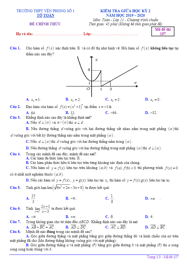 Đề thi giữa học kỳ 2 Toán 11 năm 2019 – 2020 trường THPT Yên Phong 1 – Bắc Ninh