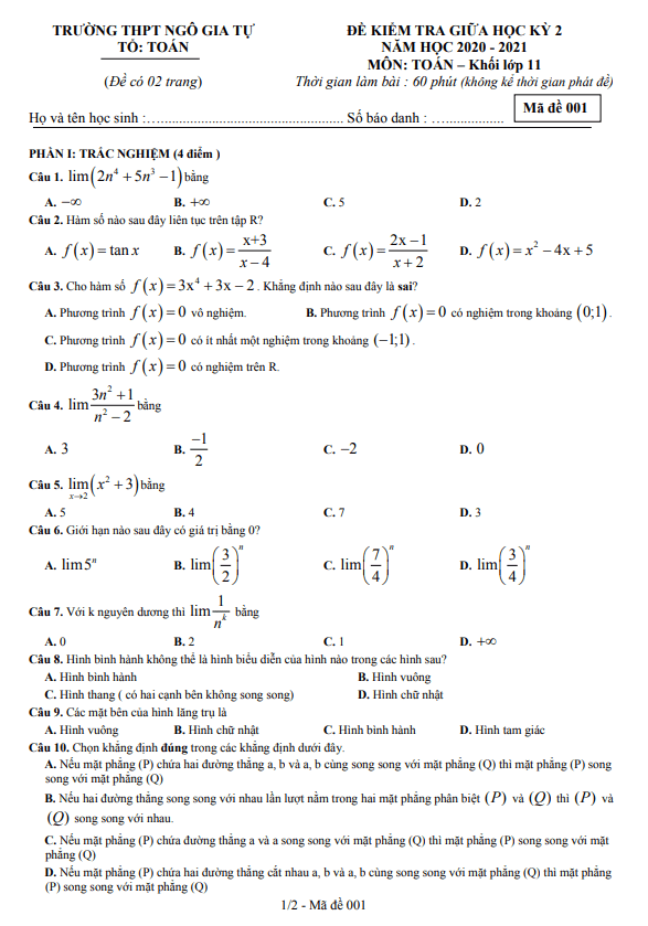 Đề thi giữa học kỳ 2 Toán 11 năm 2020 – 2021 trường THPT Ngô Gia Tự – Đắk Lắk