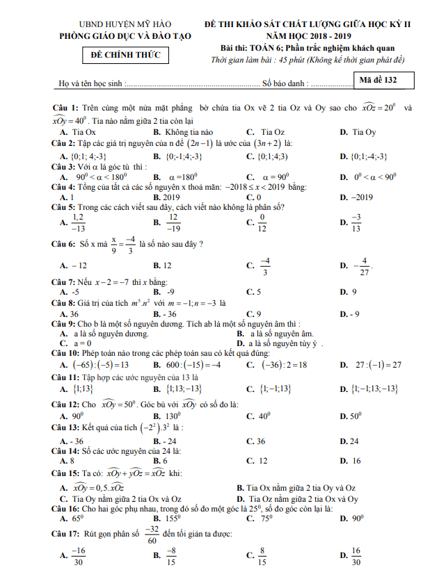 Đề thi giữa học kỳ 2 Toán 6 năm 2018 – 2019 phòng GD&ĐT Mỹ Hào – Hưng Yên