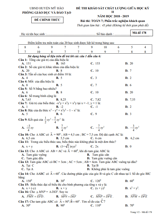 Đề thi giữa học kỳ 2 Toán 7 năm 2018 – 2019 phòng GD&ĐT Mỹ Hào – Hưng Yên