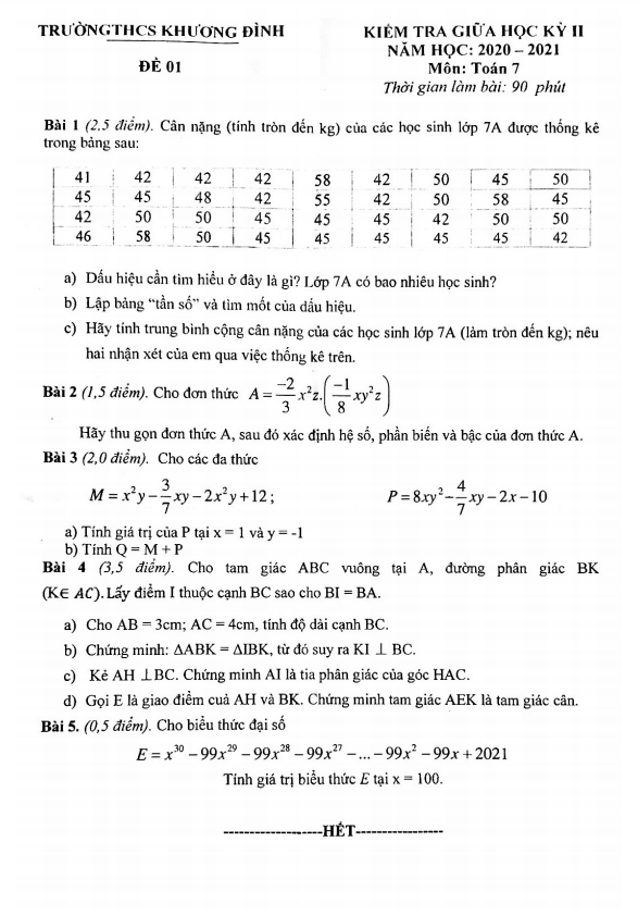 Đề thi giữa học kỳ 2 Toán 7 năm 2020 – 2021 trường THCS Khương Đình – Hà Nội