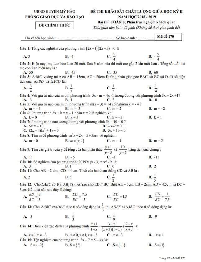 Đề thi giữa học kỳ 2 Toán 8 năm 2018 – 2019 phòng GD&ĐT Mỹ Hào – Hưng Yên