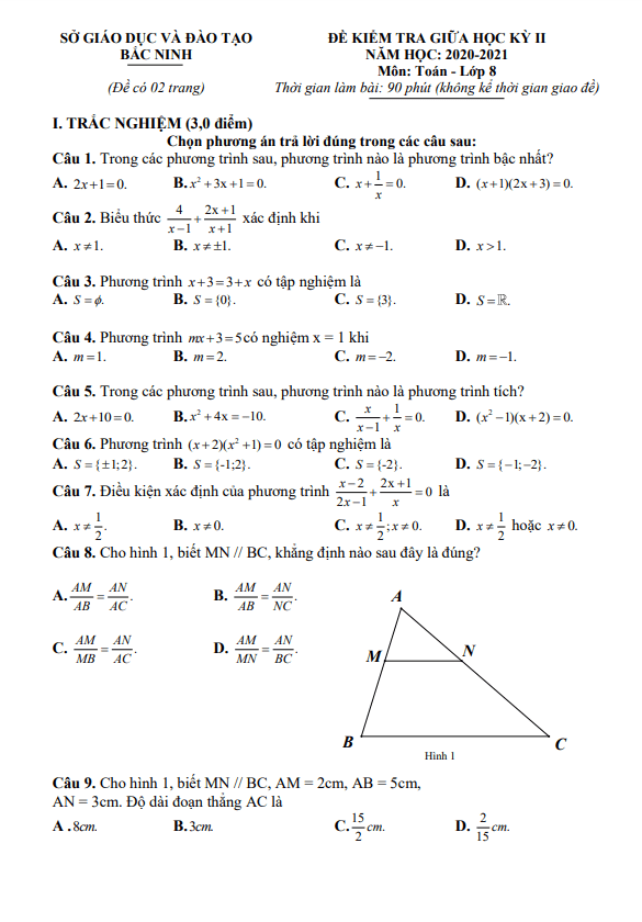 Đề thi giữa học kỳ 2 Toán 8 năm 2020 – 2021 sở GD&ĐT Bắc Ninh