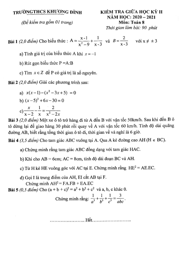 Đề thi giữa học kỳ 2 Toán 8 năm 2020 – 2021 trường THCS Khương Đình – Hà Nội