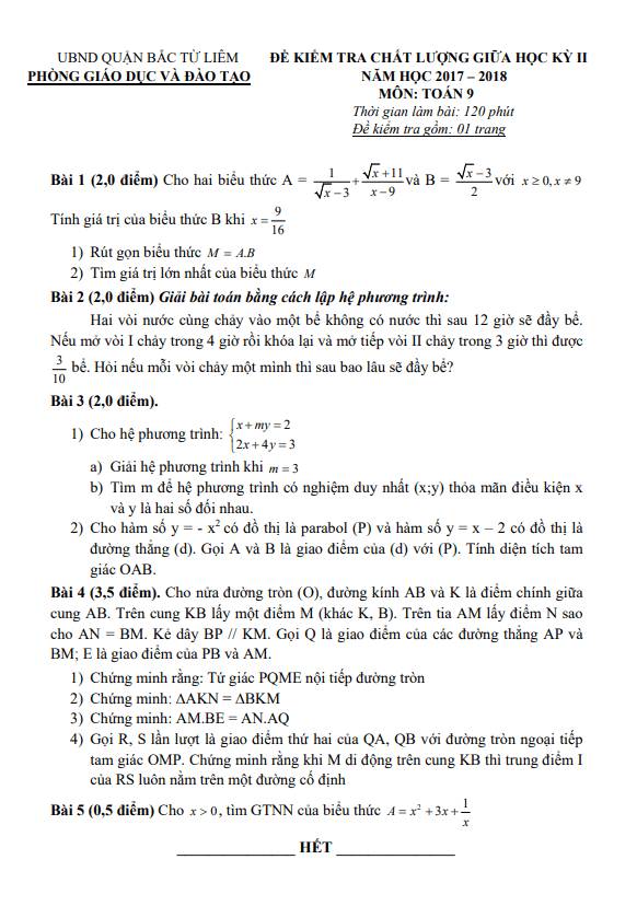 Đề thi giữa học kỳ 2 Toán 9 năm 2017 – 2018 phòng GD&ĐT Bắc Từ Liêm – Hà Nội
