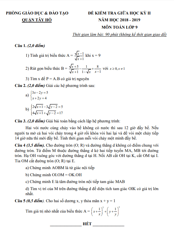 Đề thi giữa học kỳ 2 Toán 9 năm 2018 – 2019 phòng GD&ĐT Tây Hồ – Hà Nội