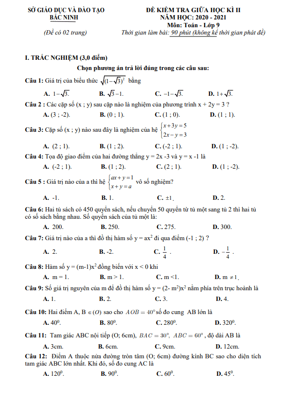 Đề thi giữa học kỳ 2 Toán 9 năm 2020 – 2021 sở GD&ĐT Bắc Ninh