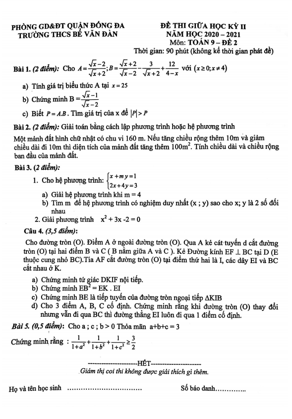 Đề thi giữa học kỳ 2 Toán 9 năm 2020 – 2021 trường Bế Văn Đàn – Hà Nội