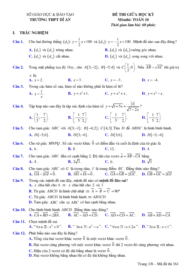 Đề thi giữa học kỳ I môn Toán 10 trường THPT Dĩ An – Bình Dương