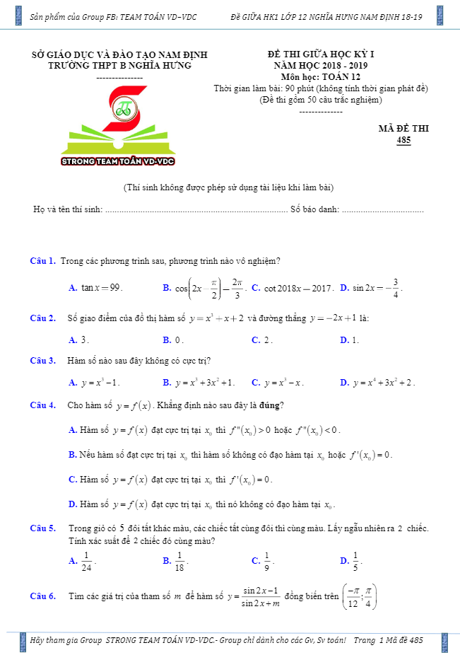 Đề thi giữa học kỳ I Toán 12 năm 2018 – 2019 trường THPT B Nghĩa Hưng – Nam Định