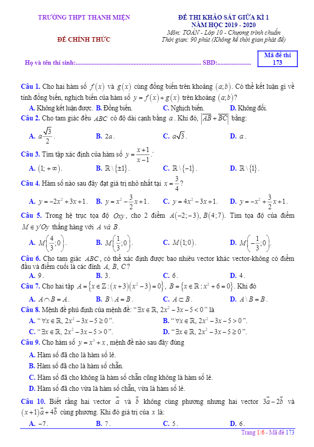 Đề thi giữa kì 1 Toán 10 năm 2019 – 2020 trường Thanh Miện – Hải Dương