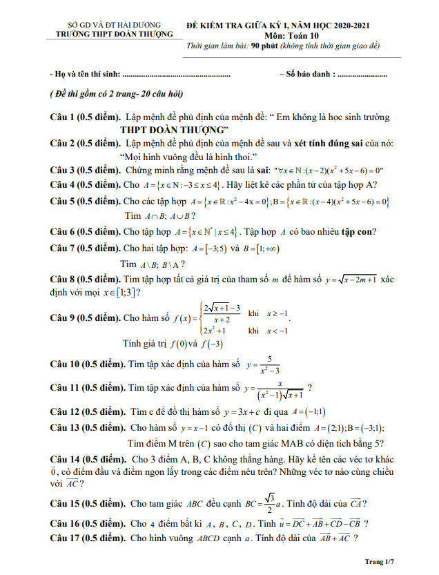 Đề thi giữa kì 1 Toán 10 năm 2020 – 2021 trường THPT Đoàn Thượng – Hải Dương